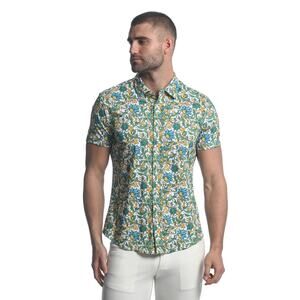 STEELE Forest Vines Stretch Jersy Knit Short Sleeve Button Down SR 9280 Small